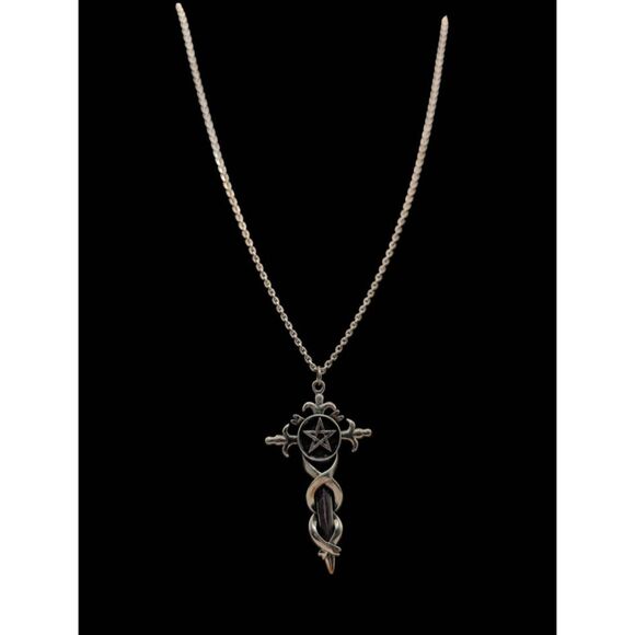 VintagePentagram Sword Cross Sterling Silver Pendant Necklace Cable Chain - Picture 4 of 8